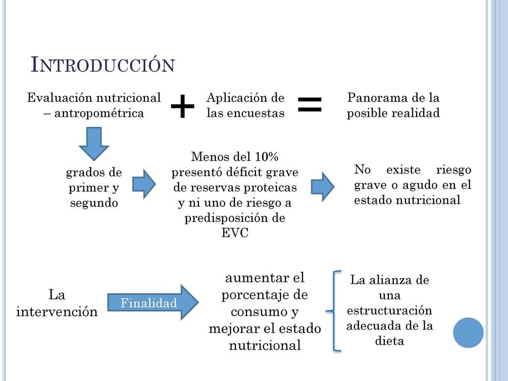 Introducción + = Evaluación nutricional – antropométrica. Aplicación de las encuestas. Panorama de la posible realidad.