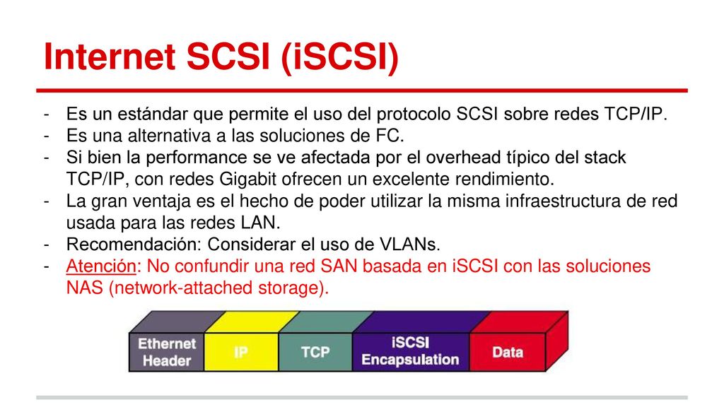 Internet SCSI (iSCSI) Es un estándar que permite el uso del protocolo SCSI sobre redes TCP/IP. Es una alternativa a las soluciones de FC.