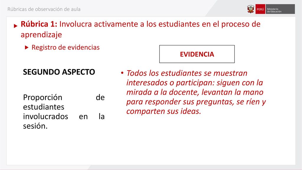 SEGUNDO ASPECTO Proporción de estudiantes involucrados en la sesión.
