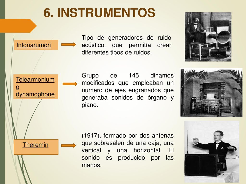 6. INSTRUMENTOS Tipo de generadores de ruido acústico, que permitía crear diferentes tipos de ruidos.