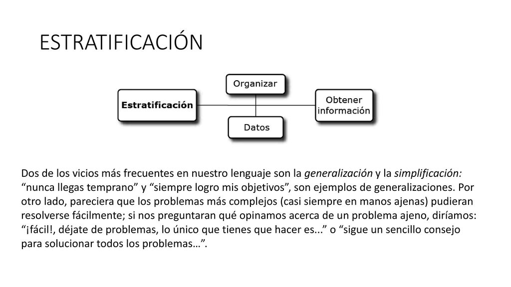 ESTRATIFICACIÓN Dos de los vicios más frecuentes en nuestro lenguaje son la generalización y la simplificación: