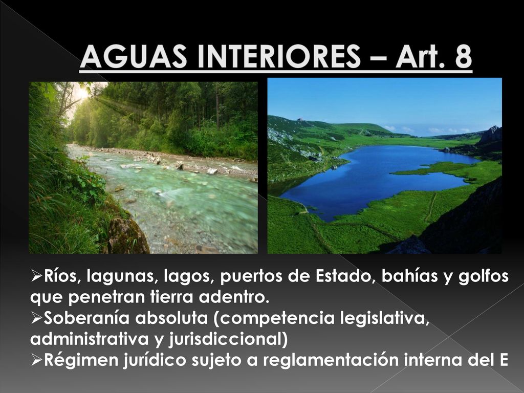 AGUAS INTERIORES – Art. 8 Ríos, lagunas, lagos, puertos de Estado, bahías y golfos que penetran tierra adentro.