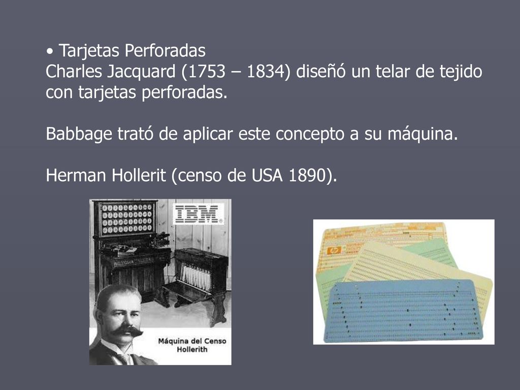 Tarjetas Perforadas Charles Jacquard (1753 – 1834) diseñó un telar de tejido con tarjetas perforadas.