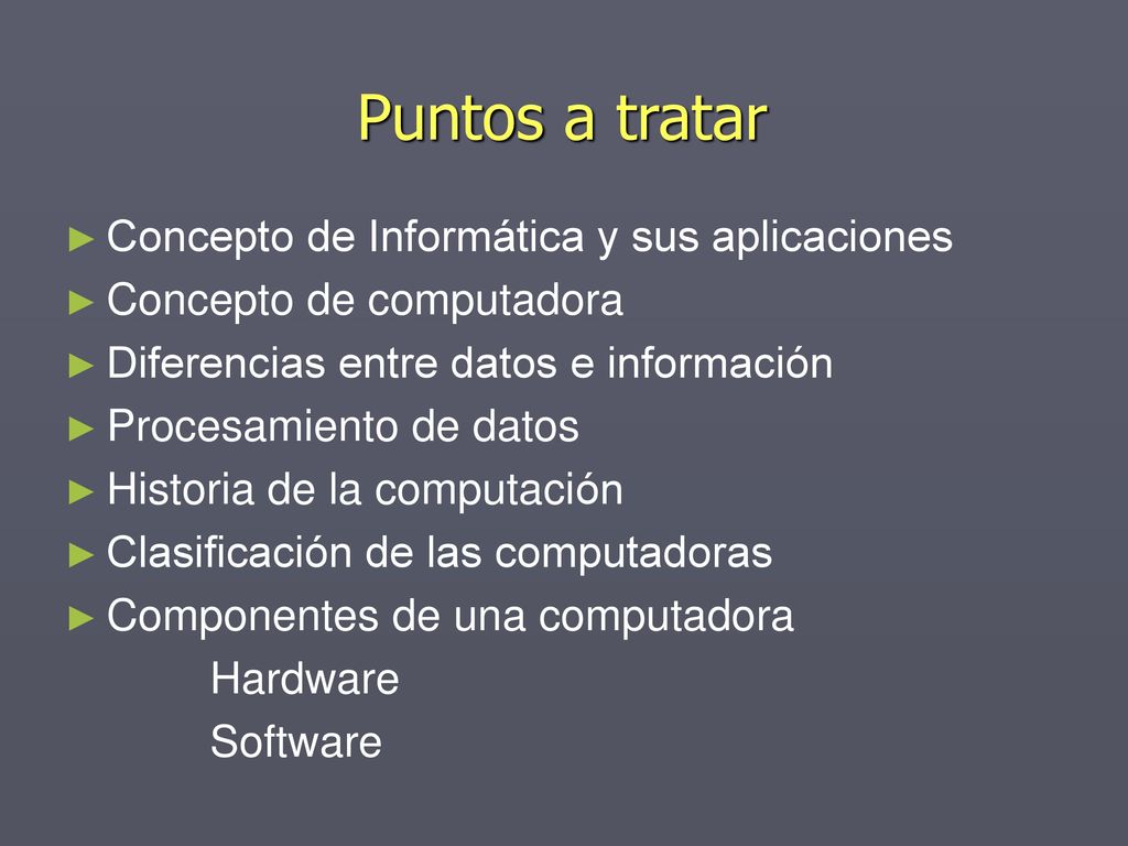 Puntos a tratar Concepto de Informática y sus aplicaciones