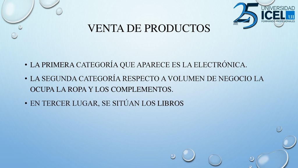Venta de productos la primera categoría que aparece es la electrónica.