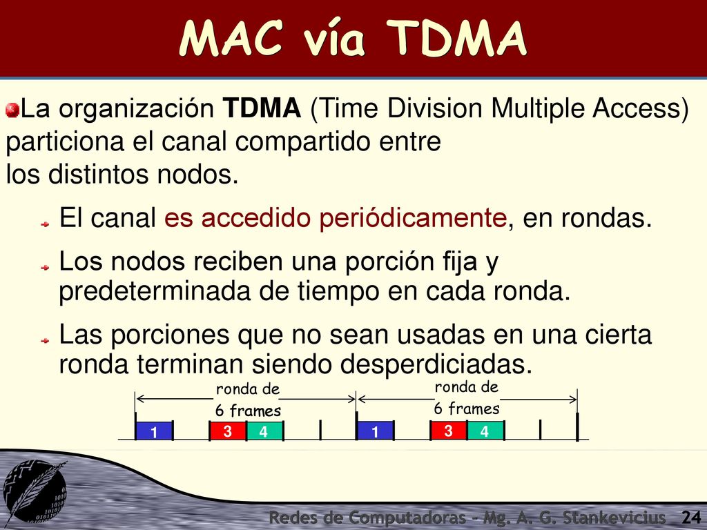 MAC vía TDMA La organización TDMA (Time Division Multiple Access) particiona el canal compartido entre los distintos nodos.