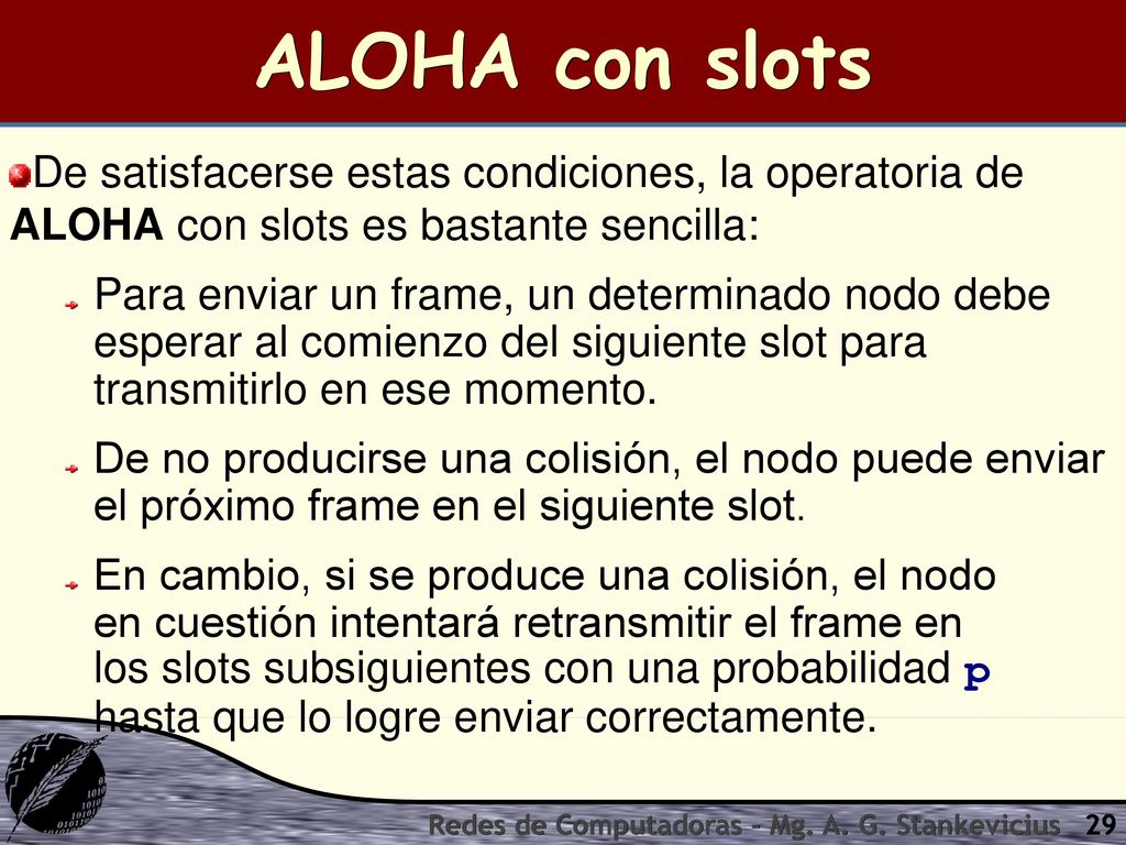 ALOHA con slots De satisfacerse estas condiciones, la operatoria de ALOHA con slots es bastante sencilla: