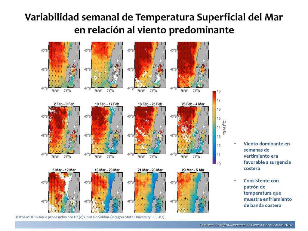 Variabilidad semanal de Temperatura Superficial del Mar en relación al viento predominante