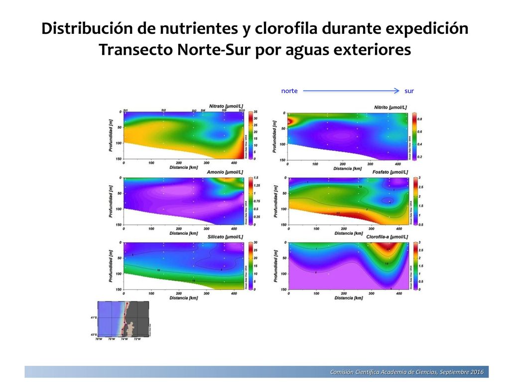 Distribución de nutrientes y clorofila durante expedición Transecto Norte-Sur por aguas exteriores