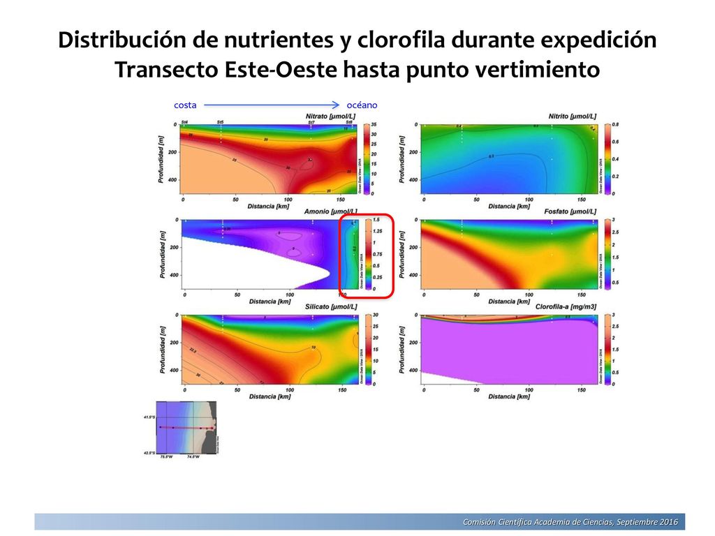 Distribución de nutrientes y clorofila durante expedición Transecto Este-Oeste hasta punto vertimiento