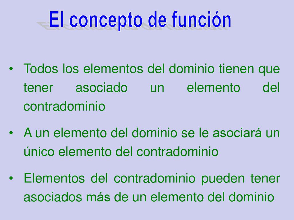 El concepto de función Todos los elementos del dominio tienen que tener asociado un elemento del contradominio.