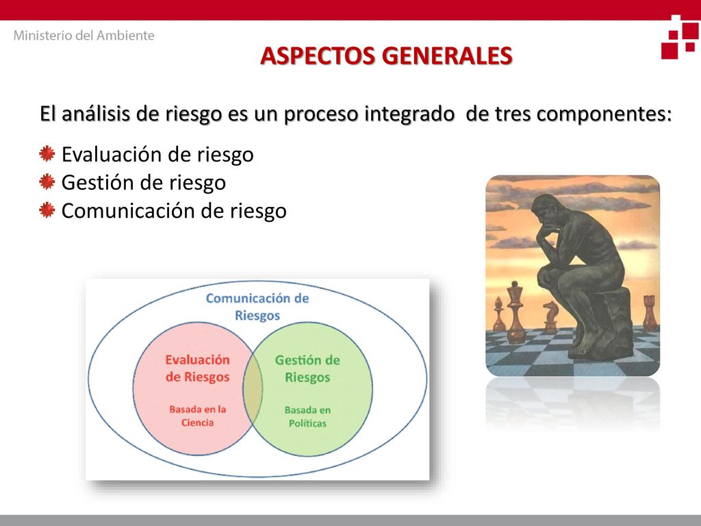 ASPECTOS GENERALES El análisis de riesgo es un proceso integrado de tres componentes: Evaluación de riesgo.