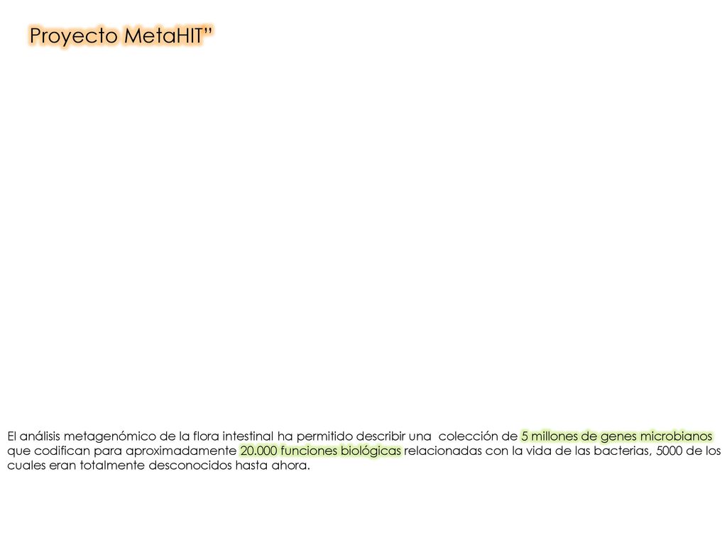 Proyecto MetaHIT El análisis metagenómico de la flora intestinal ha permitido describir una colección de 5 millones de genes microbianos.