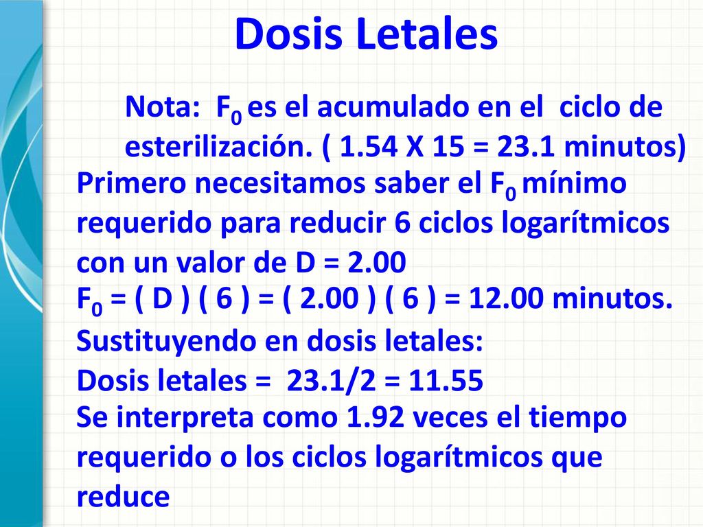 Dosis Letales Nota: F0 es el acumulado en el ciclo de esterilización. ( 1.54 X 15 = 23.1 minutos)