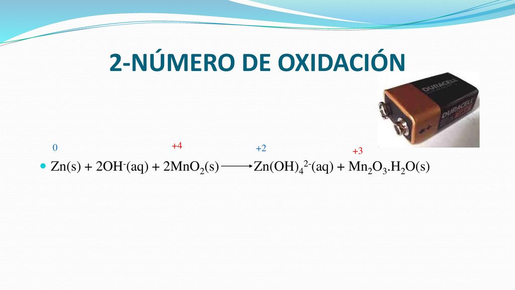 2-NÚMERO DE OXIDACIÓN Zn(s) + 2OH-(aq) + 2MnO2(s) Zn(OH)42-(aq) + Mn2O3.H2O(s)