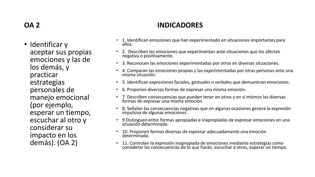 OA 2 INDICADORES. 1. Identifican emociones que han experimentado en situaciones importantes para ellos.