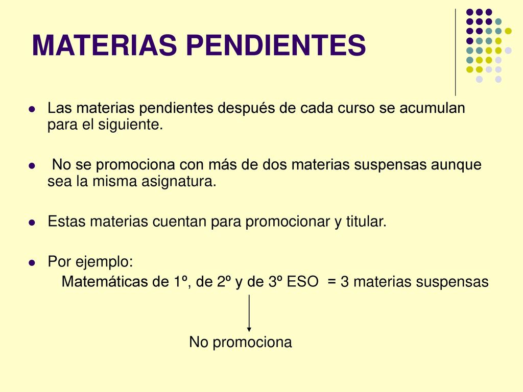 MATERIAS PENDIENTES Las materias pendientes después de cada curso se acumulan para el siguiente.