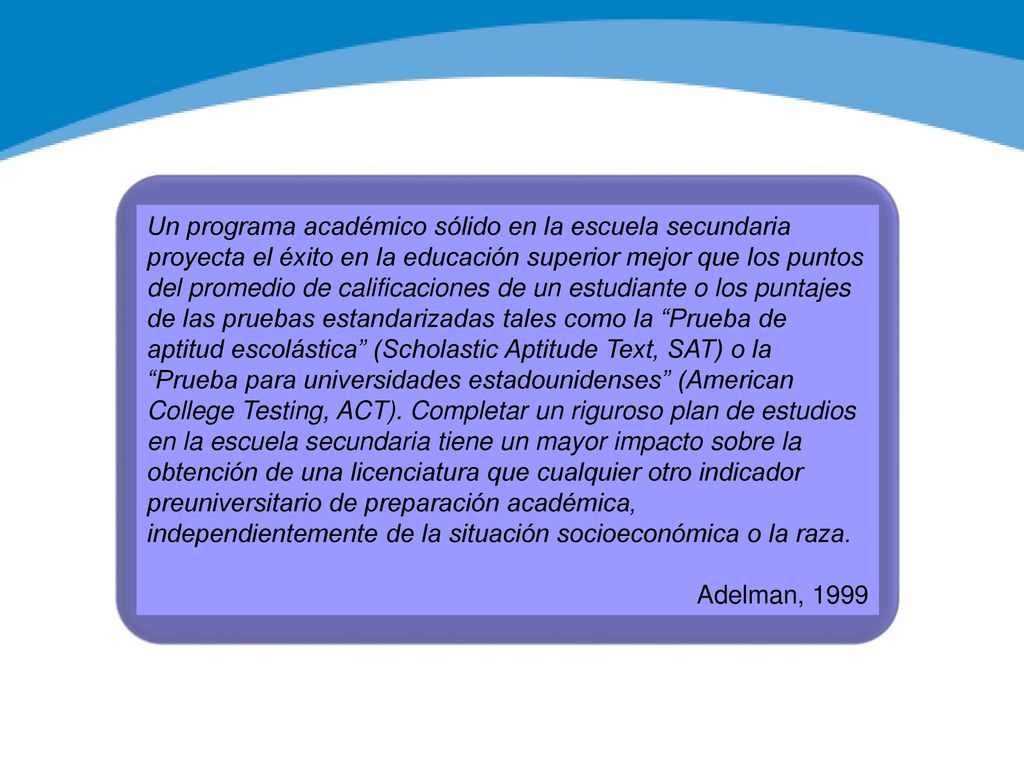 A strong academic program in high school predicts college success better than a student’s grade point average or scores on standardized admission tests such as the SAT or ACT. Completing a rigorous high school curriculum has greater impact on bachelor degree completion than any other pre-college indicator of academic preparation, regardless of socio-economic status or race.