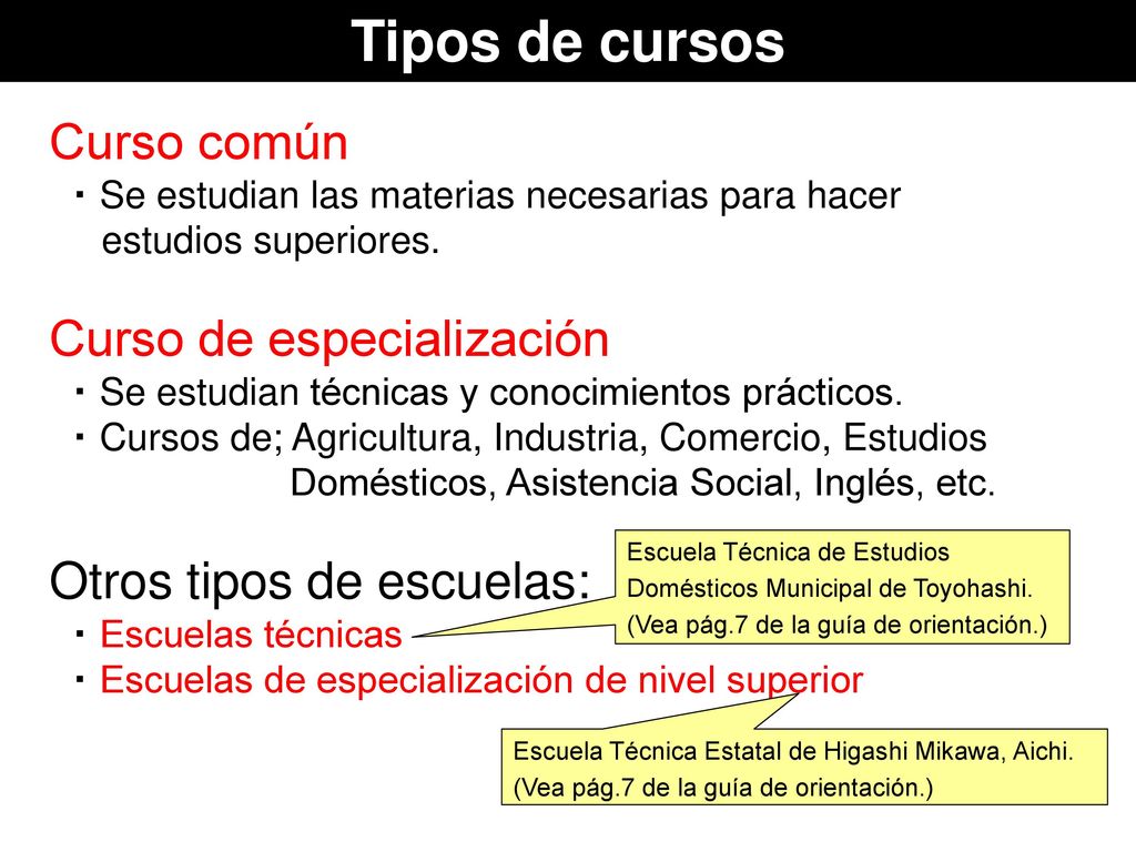 Tipos de cursos Curso común Curso de especialización