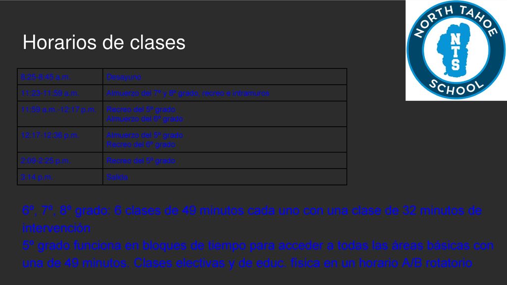 Horarios de clases 6º, 7º, 8º grado: 6 clases de 49 minutos cada uno con una clase de 32 minutos de intervención.