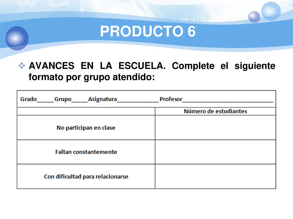 PRODUCTO 6 AVANCES EN LA ESCUELA. Complete el siguiente formato por grupo atendido: