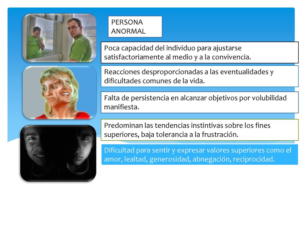 PERSONA ANORMAL Poca capacidad del individuo para ajustarse satisfactoriamente al medio y a la convivencia.
