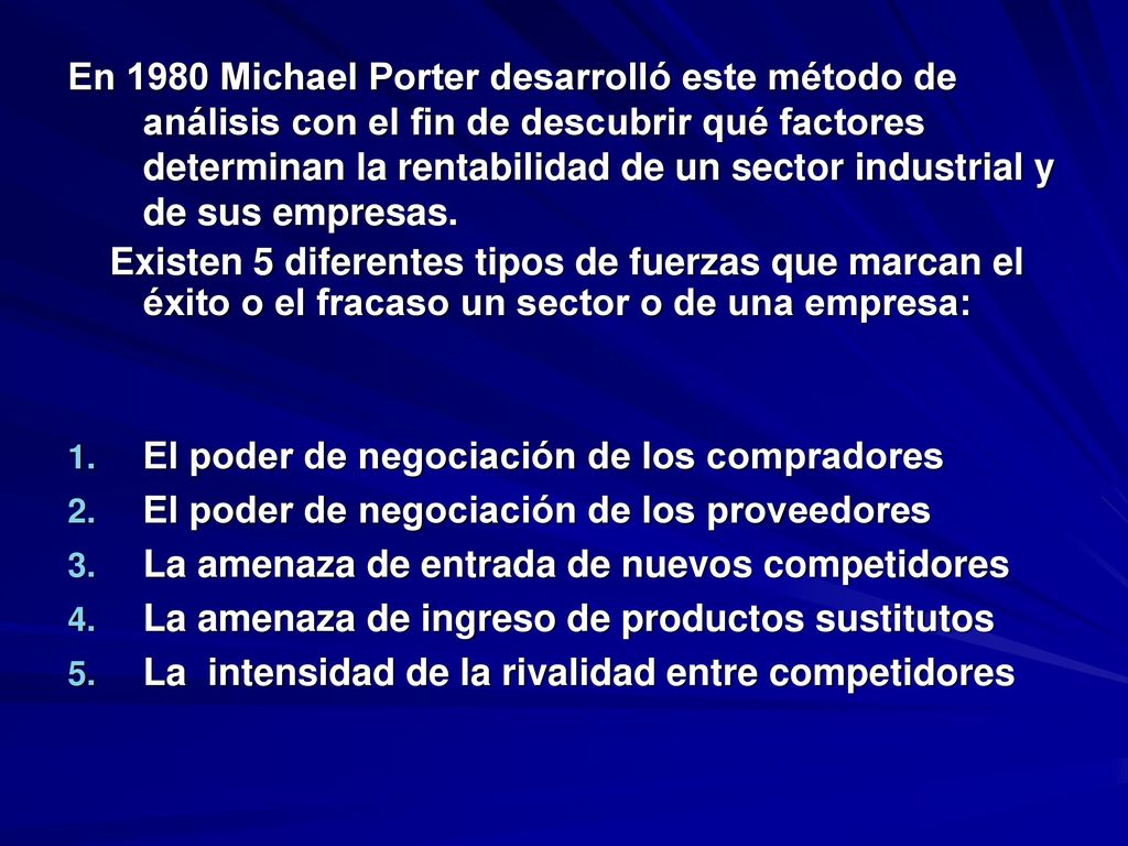 En 1980 Michael Porter desarrolló este método de análisis con el fin de descubrir qué factores determinan la rentabilidad de un sector industrial y de sus empresas.