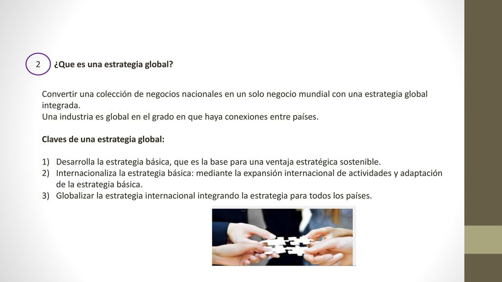 2 ¿Que es una estrategia global Convertir una colección de negocios nacionales en un solo negocio mundial con una estrategia global integrada.