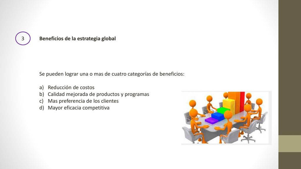 3 Beneficios de la estrategia global. Se pueden lograr una o mas de cuatro categorías de beneficios: