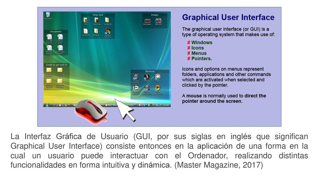 La Interfaz Gráfica de Usuario (GUI, por sus siglas en inglés que significan Graphical User Interface) consiste entonces en la aplicación de una forma en la cual un usuario puede interactuar con el Ordenador, realizando distintas funcionalidades en forma intuitiva y dinámica.