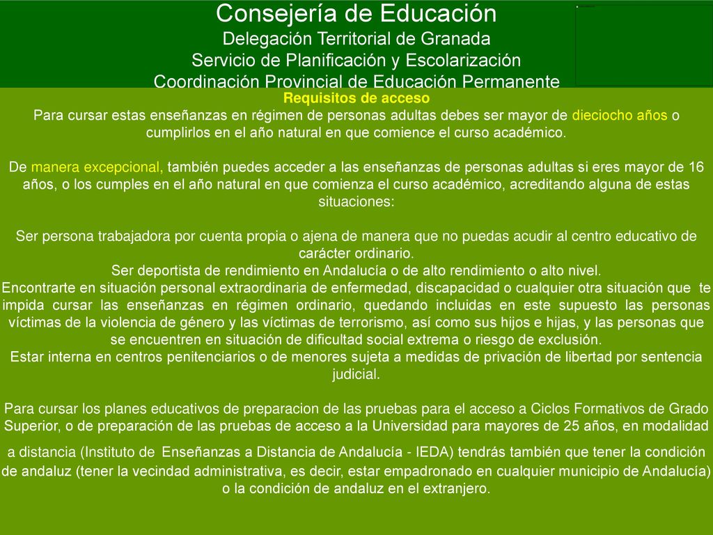 Consejería de Educación Delegación Territorial de Granada Servicio de Planificación y Escolarización Coordinación Provincial de Educación Permanente