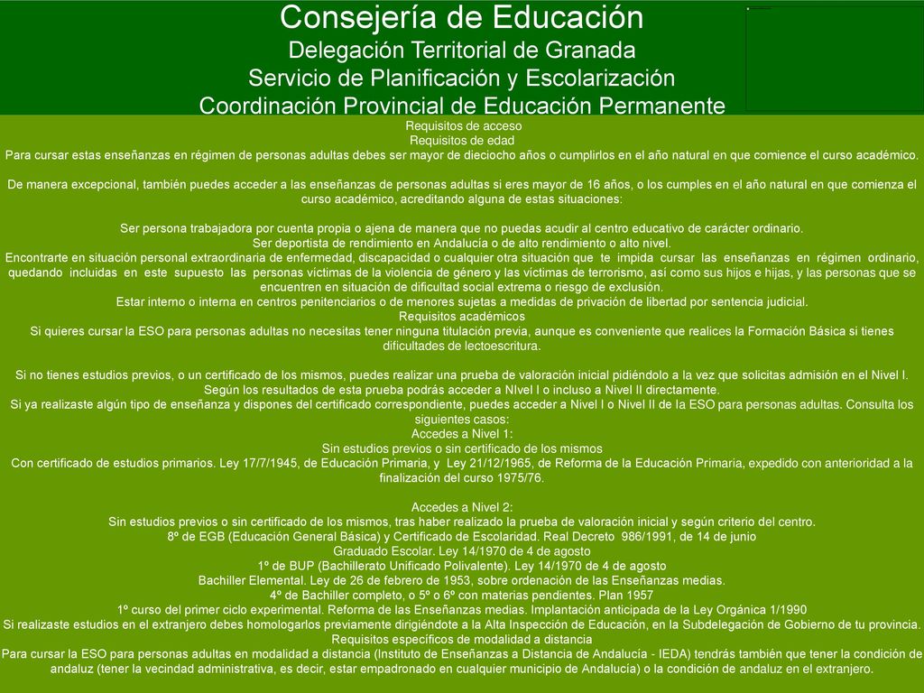 Consejería de Educación Delegación Territorial de Granada Servicio de Planificación y Escolarización Coordinación Provincial de Educación Permanente
