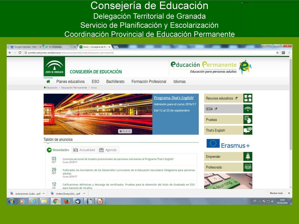 Consejería de Educación Delegación Territorial de Granada Servicio de Planificación y Escolarización Coordinación Provincial de Educación Permanente