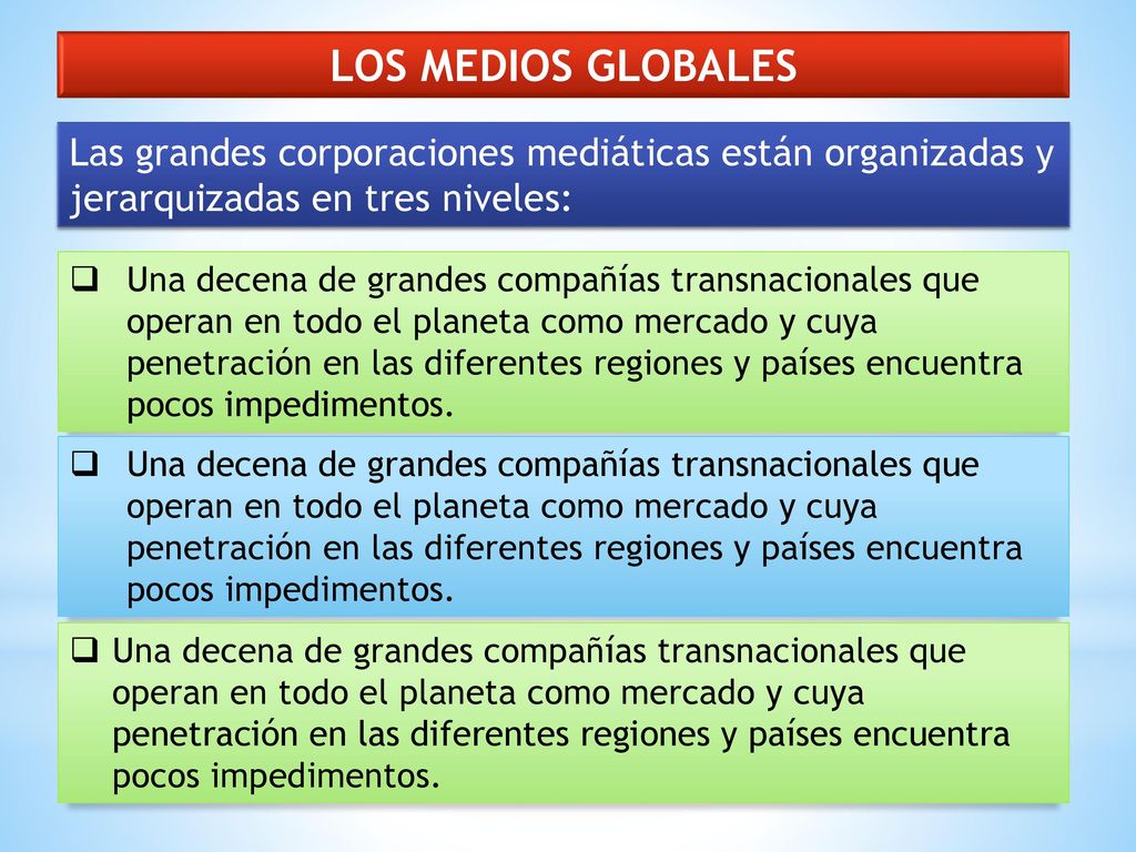 LOS MEDIOS GLOBALES Las grandes corporaciones mediáticas están organizadas y jerarquizadas en tres niveles: