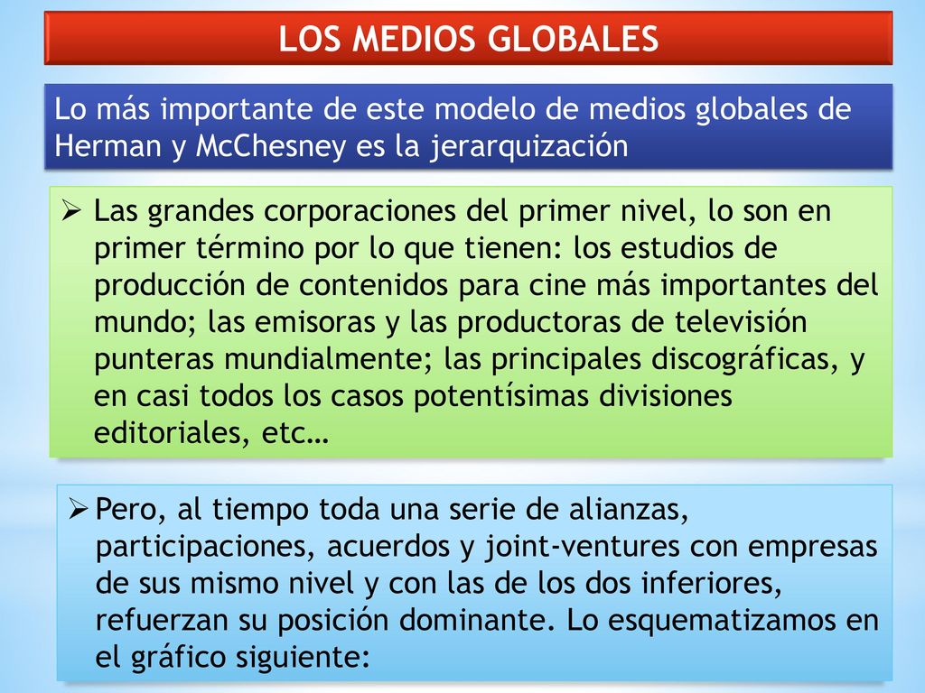 LOS MEDIOS GLOBALES Lo más importante de este modelo de medios globales de Herman y McChesney es la jerarquización.