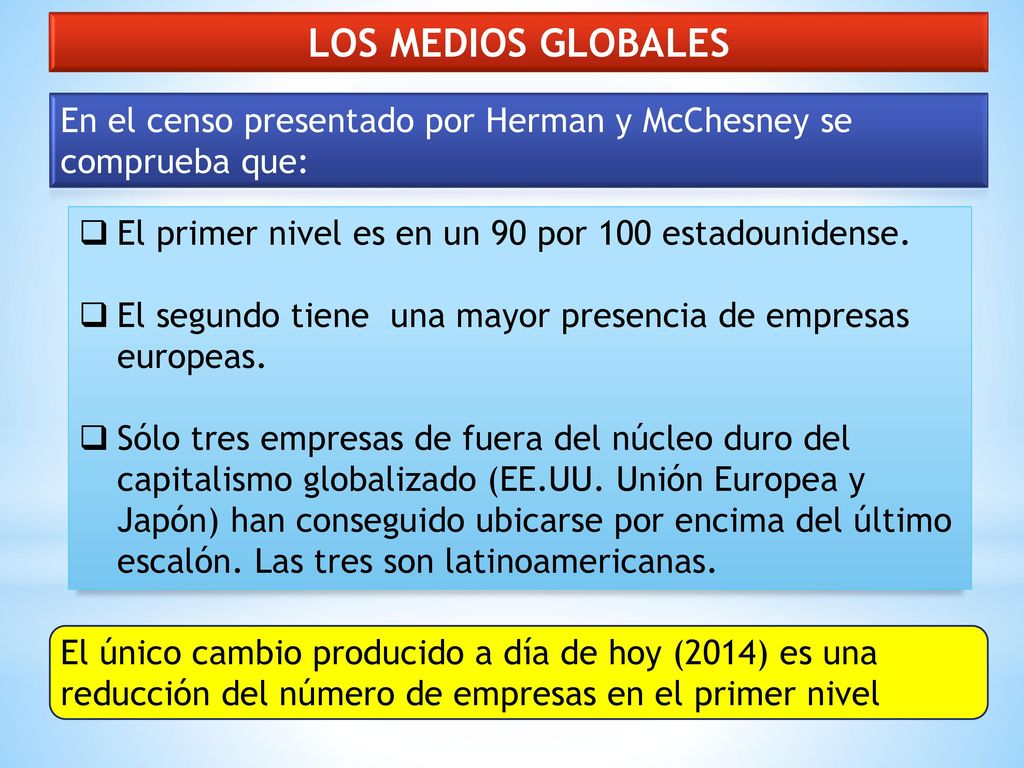 LOS MEDIOS GLOBALES En el censo presentado por Herman y McChesney se comprueba que: El primer nivel es en un 90 por 100 estadounidense.