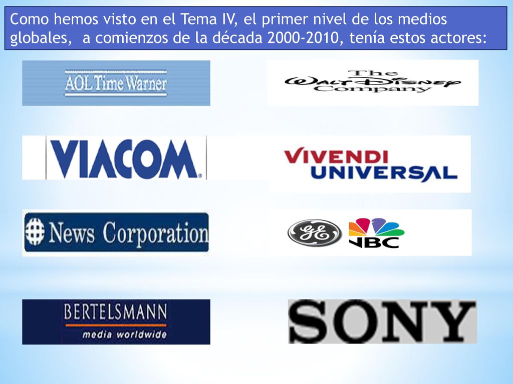 Como hemos visto en el Tema IV, el primer nivel de los medios globales, a comienzos de la década , tenía estos actores: