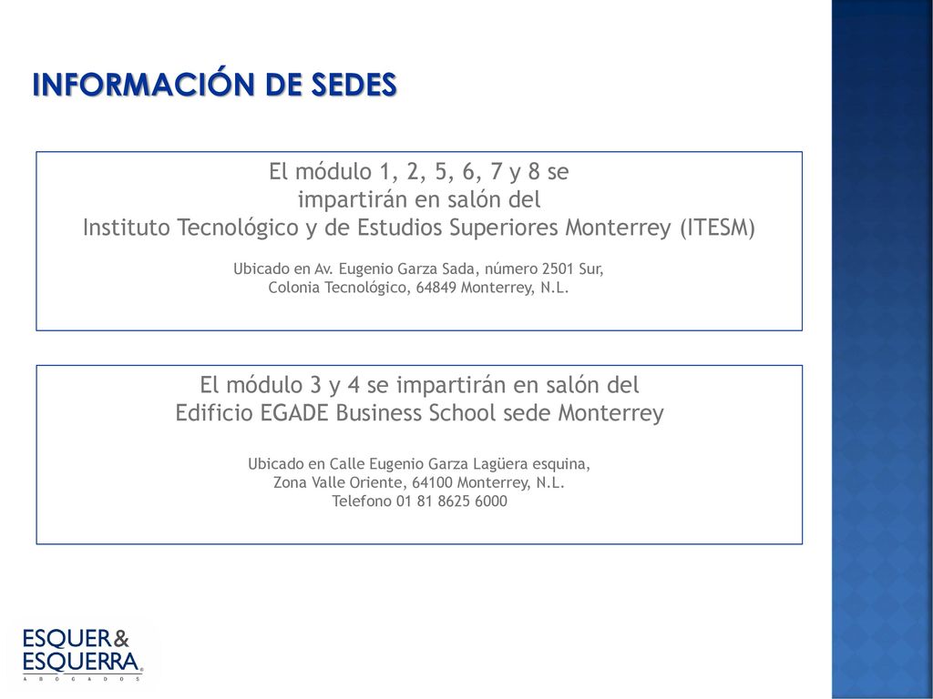 INFORMACIÓN DE SEDES El módulo 1, 2, 5, 6, 7 y 8 se