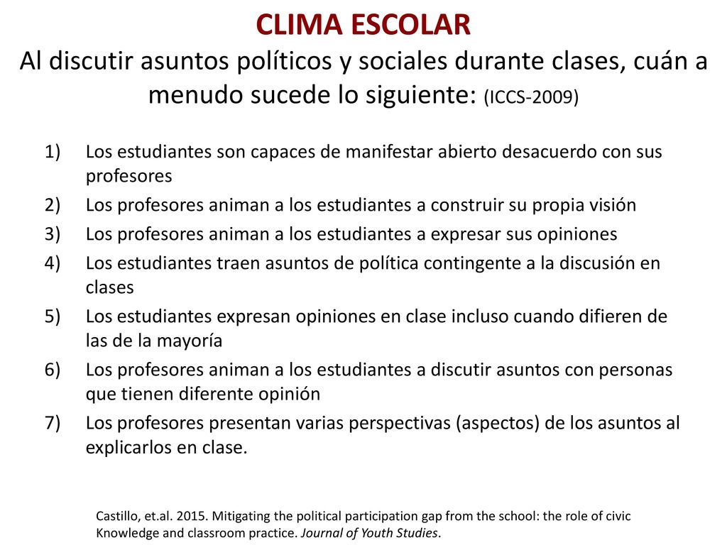 CLIMA ESCOLAR Al discutir asuntos políticos y sociales durante clases, cuán a menudo sucede lo siguiente: (ICCS-2009)