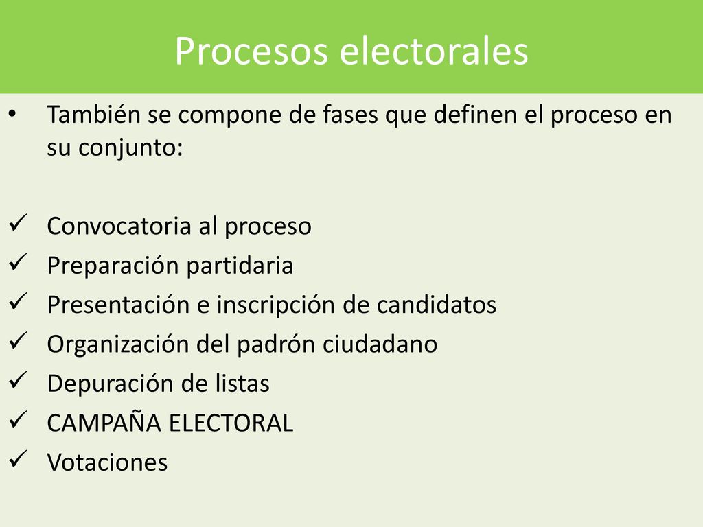 Procesos electorales También se compone de fases que definen el proceso en su conjunto: Convocatoria al proceso.