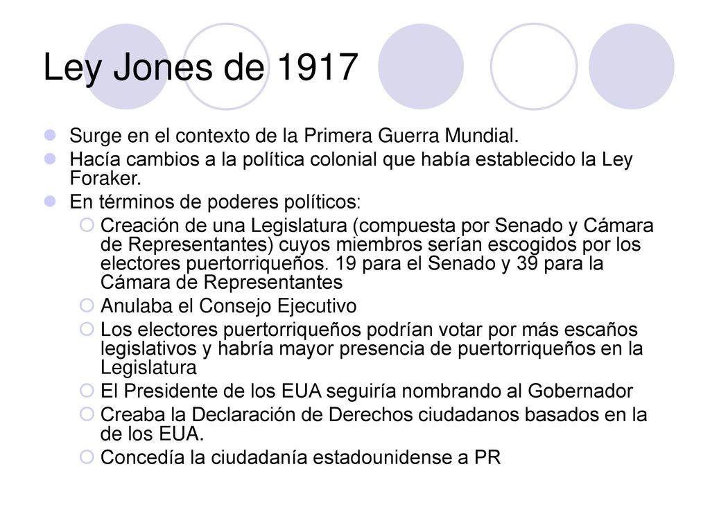 Ley Jones de 1917 Surge en el contexto de la Primera Guerra Mundial.