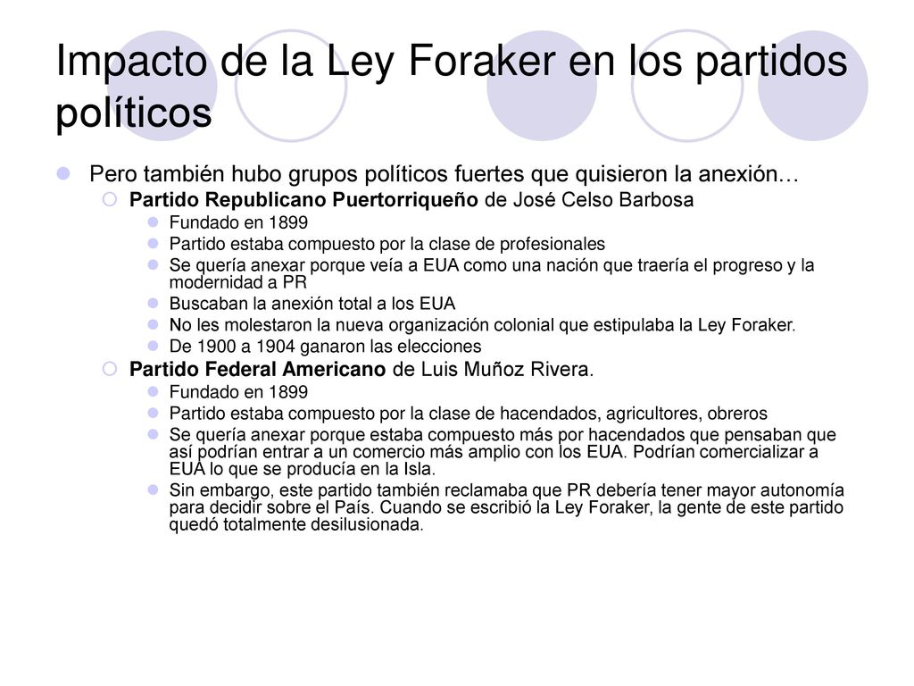Impacto de la Ley Foraker en los partidos políticos