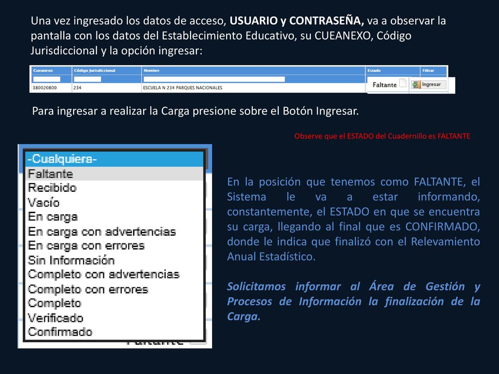 Para ingresar a realizar la Carga presione sobre el Botón Ingresar.