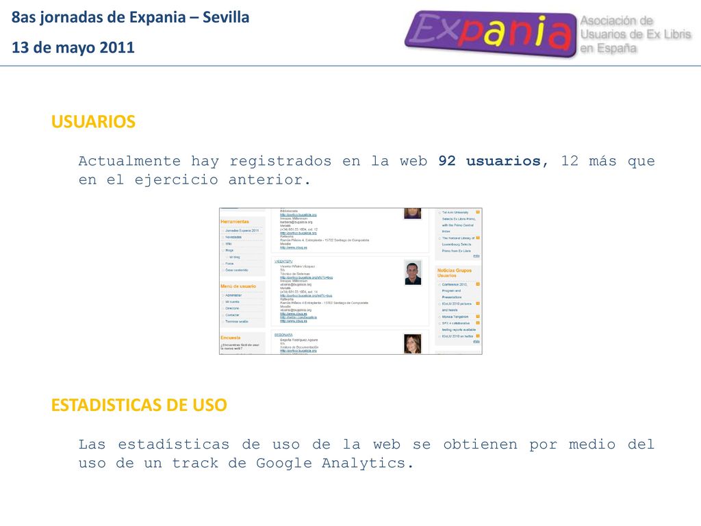 USUARIOS ESTADISTICAS DE USO 8as jornadas de Expania – Sevilla