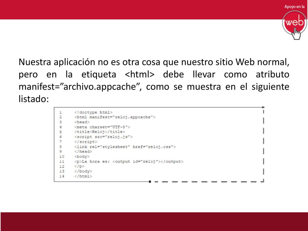 Nuestra aplicación no es otra cosa que nuestro sitio Web normal, pero en la etiqueta <html> debe llevar como atributo manifest= archivo.appcache , como se muestra en el siguiente listado: