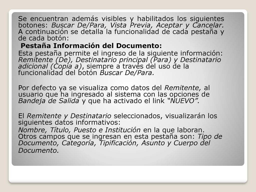 Se encuentran además visibles y habilitados los siguientes botones: Buscar De/Para, Vista Previa, Aceptar y Cancelar.