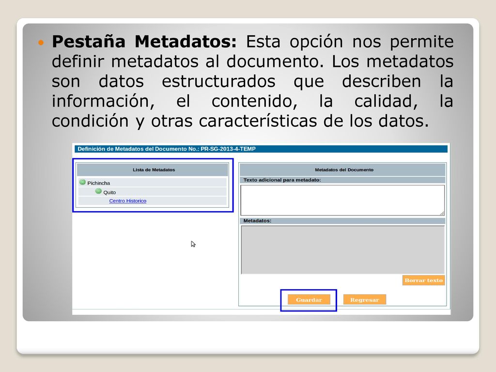 Pestaña Metadatos: Esta opción nos permite definir metadatos al documento.