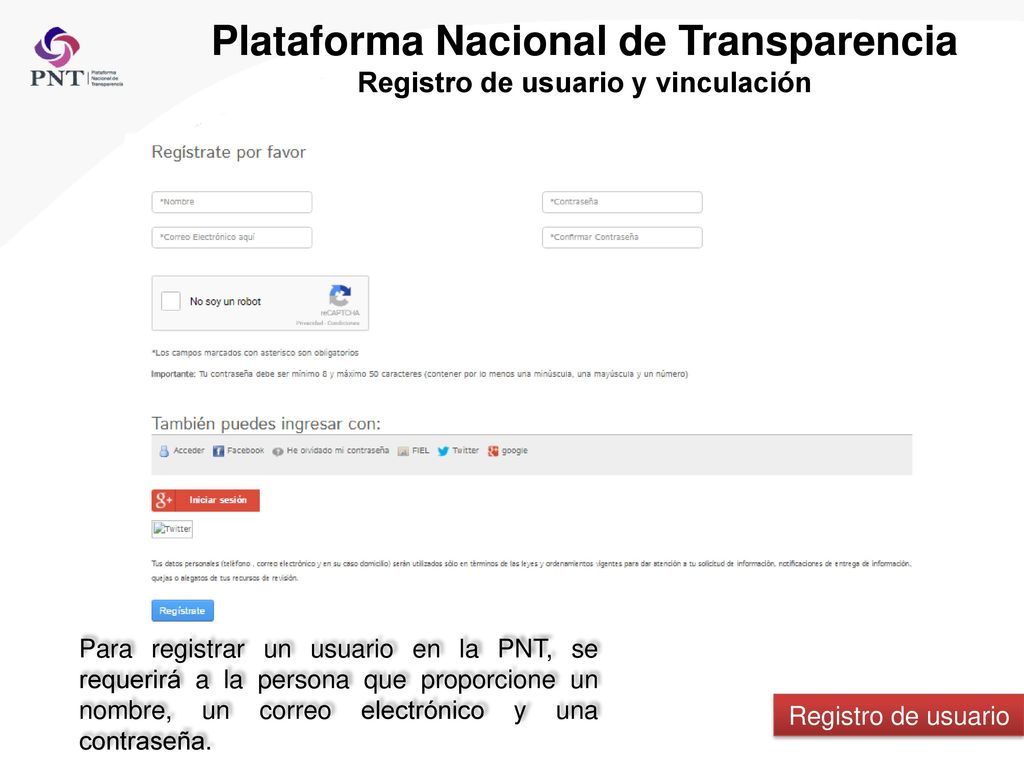 Plataforma Nacional de Transparencia Registro de usuario y vinculación