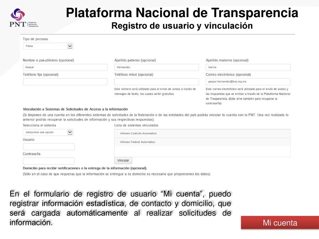 Plataforma Nacional de Transparencia Registro de usuario y vinculación