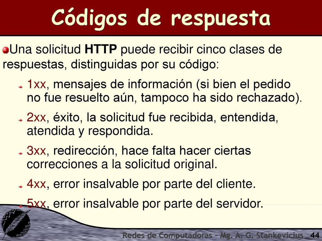 Códigos de respuesta Una solicitud HTTP puede recibir cinco clases de respuestas, distinguidas por su código: